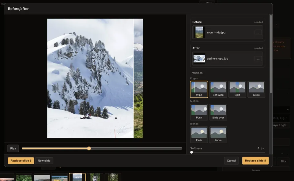 The Before/after dialog: a wipe between two photos, with edge, motion and speed choices.