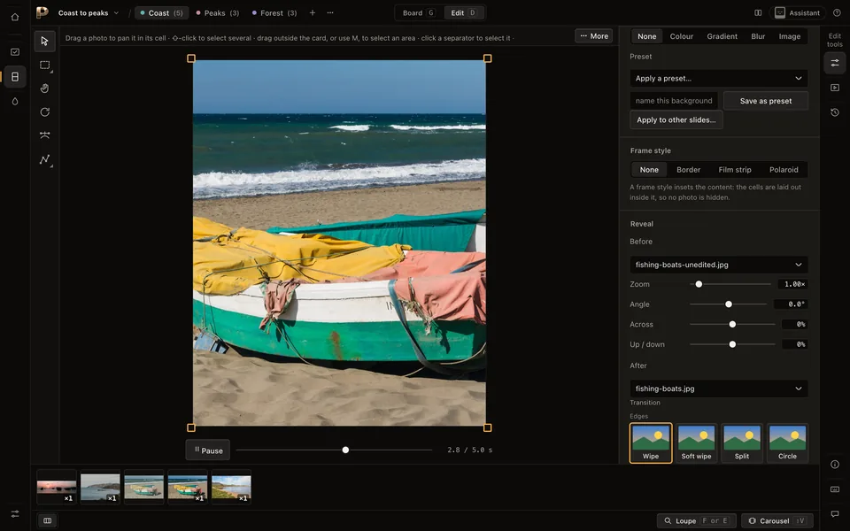 A before/after slide playing: the edited fishing boats wiping over the unedited photo, with the wipe's edge and timing beside it.