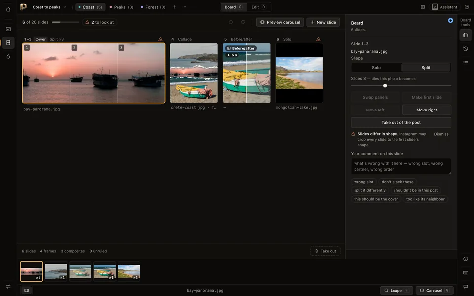 The Board for the Coast post: a panorama split across slides 1 to 3, a torn-paper collage, a before/after and a single photo, with a warning that Instagram may crop slides that differ in shape.