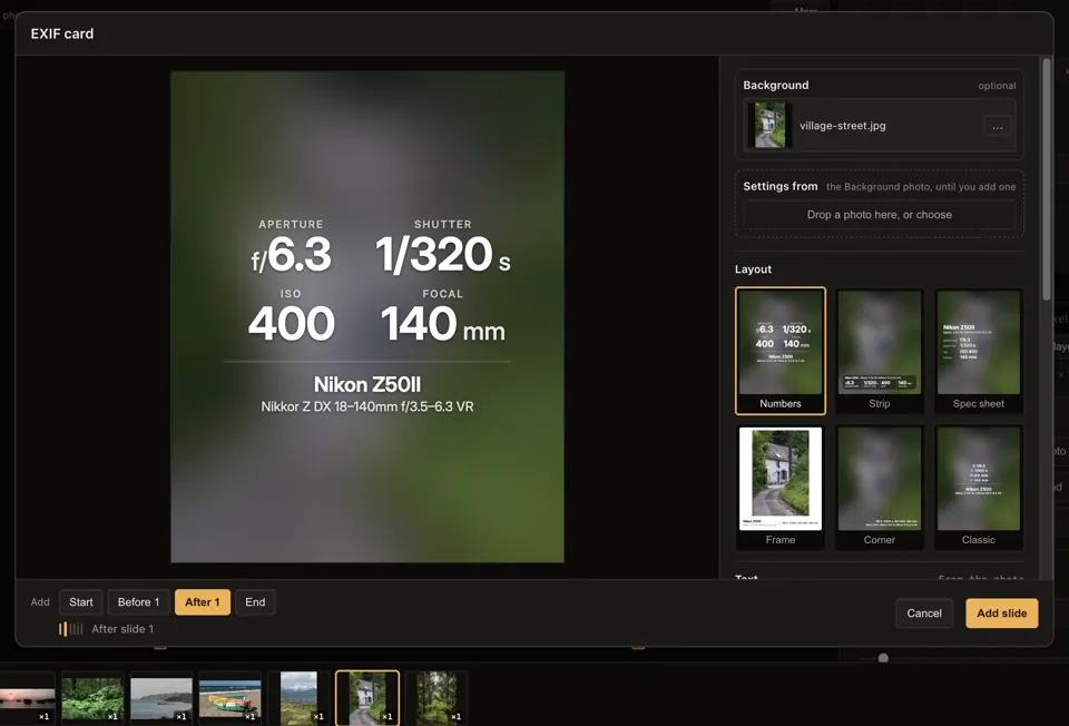 The EXIF card dialog: aperture f/6.3, shutter 1/320 s, ISO 400, 140 mm, Nikon Z50II, over a blurred photo.