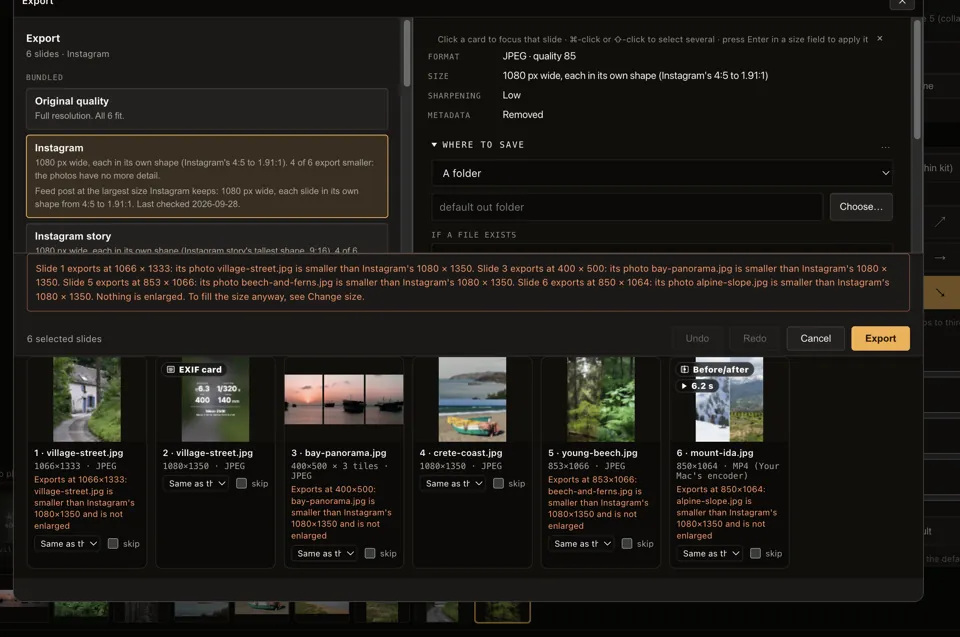 The Export dialog: the Instagram preset and a note for each slide that is smaller than the platform's size and is not enlarged.