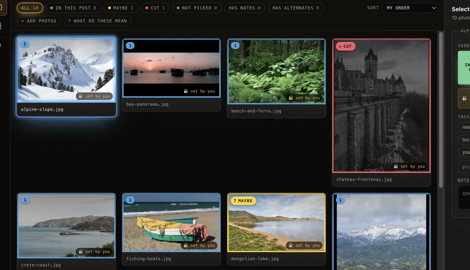 Select: photos marked in the post, maybe or cut, with the verdict panel beside them.