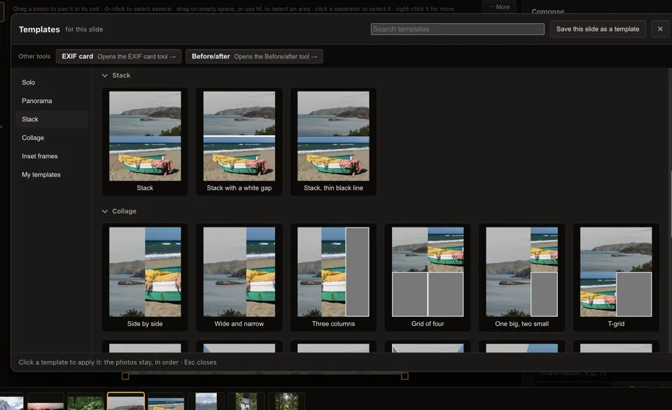 The Template library showing stack and collage layouts filled with the slide's own photos.